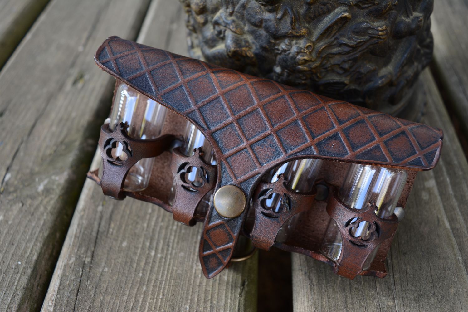 Leather potion holder, medieval belt pouch. Apothecary bottles with alchemist