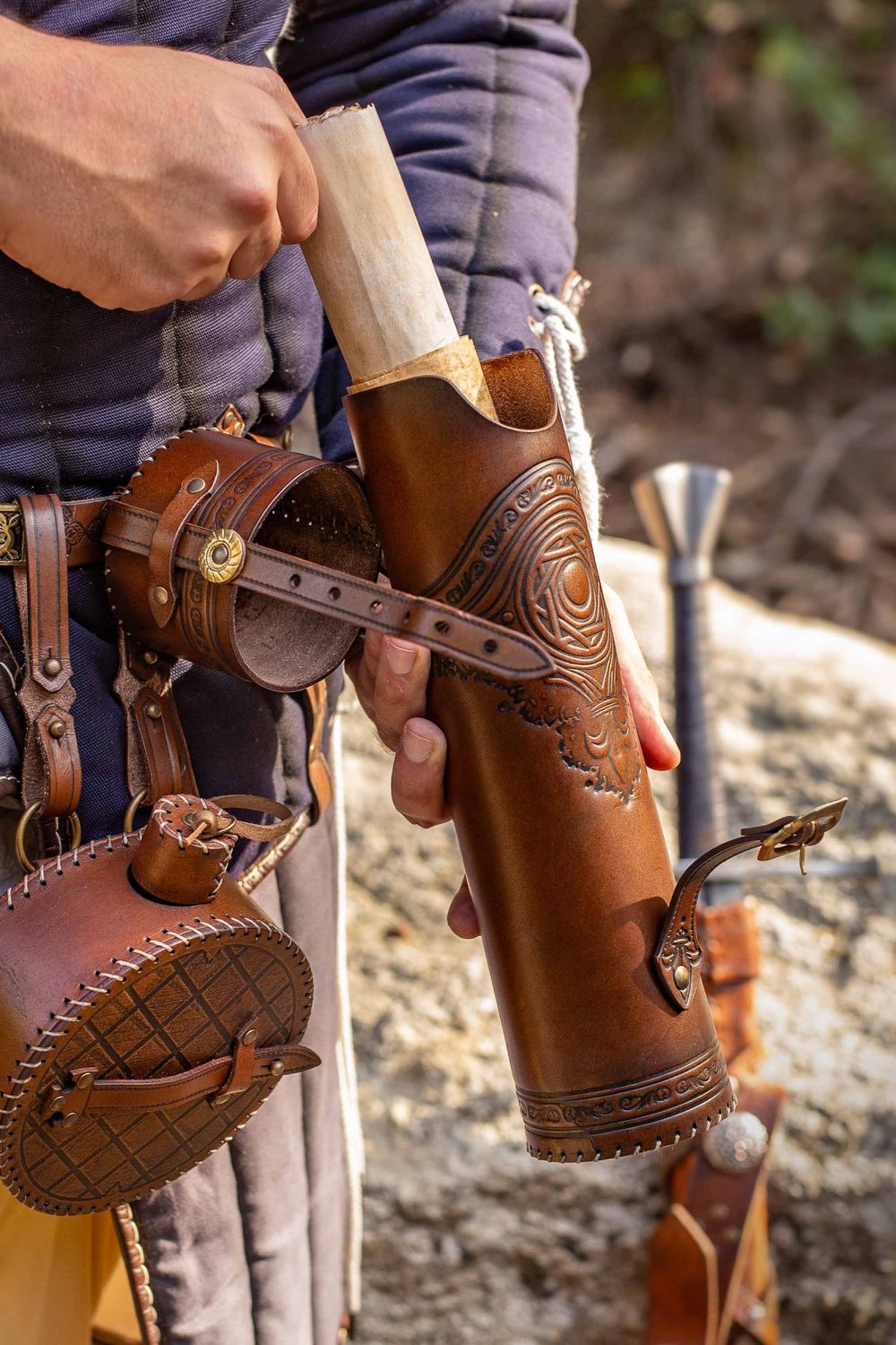 Medieval leather scroll holder for renaissance fair or larp