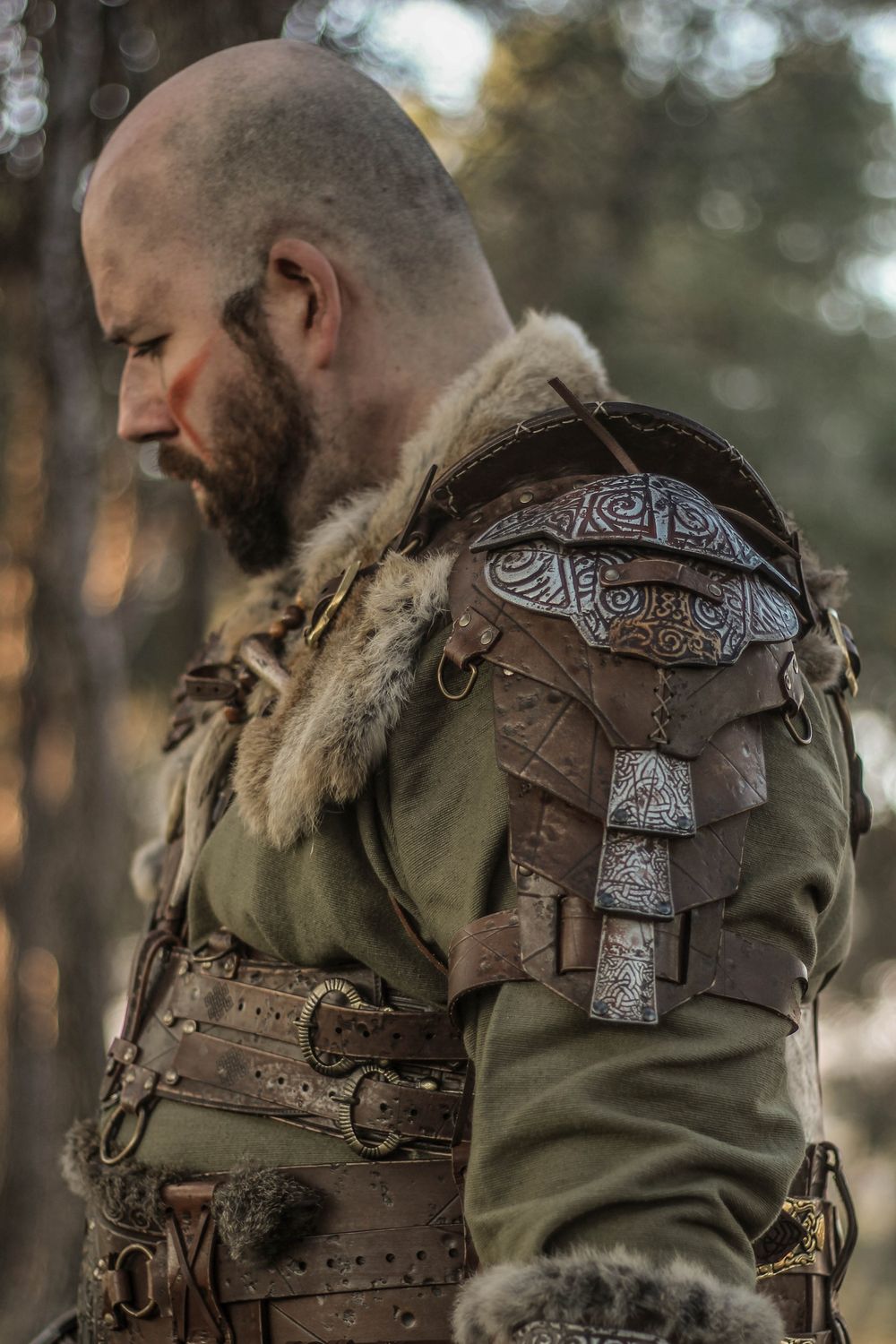 Leather viking shoulder for a larp armor with viking baldric, Barbarian model