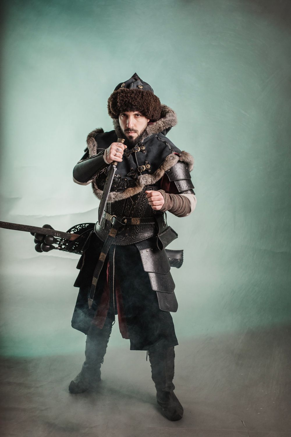 Viking hat, sheep and leather larp hat.