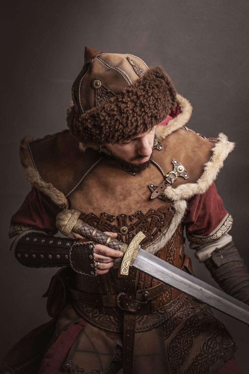 Viking hat, sheep and leather larp hat.