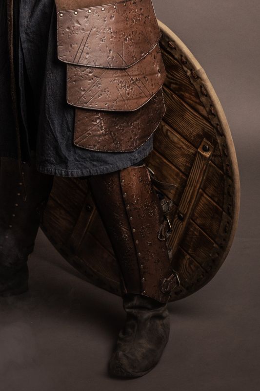 LARP leather greaves, mercenary model