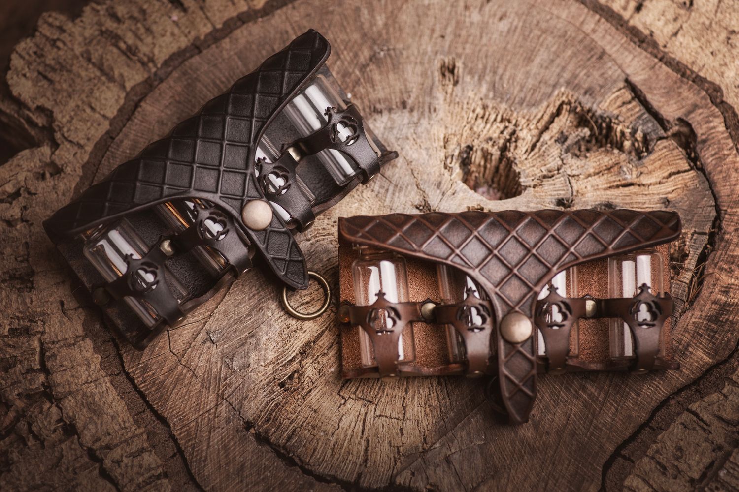 Leather potion holder, medieval belt pouch. Apothecary bottles with alchemist