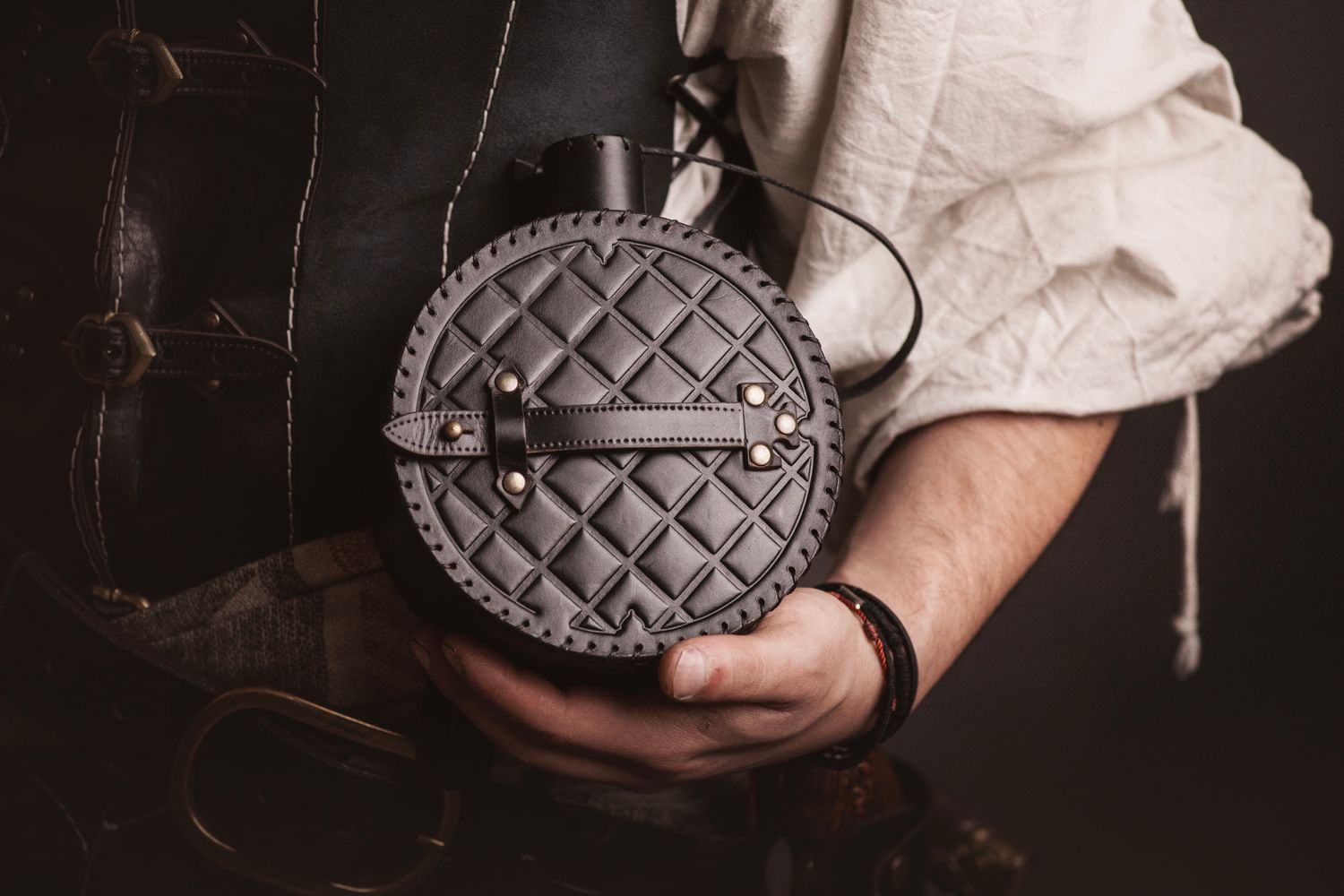 Medieval leather canteen. Medieval reenactment leather water bottle for larp or festival