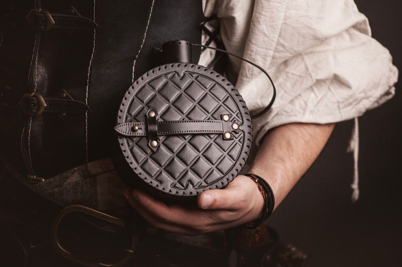 Medieval leather canteen. Medieval reenactment leather water bottle for larp or festival