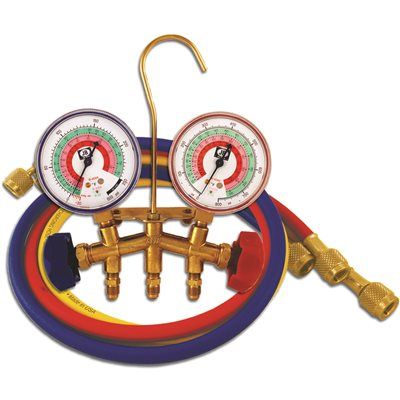 JB INDUSTRIES BRASS 2-VALVE CHARGING MANIFOLD ASSEMBLY WITH 36-INCH STANDARD HOSES FOR R-12, R-2