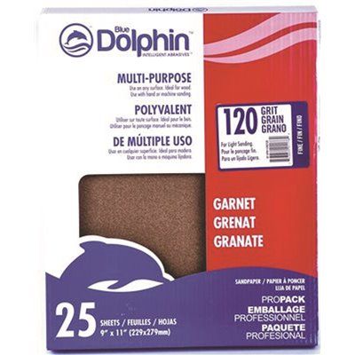 BLUE DOLPHIN™ NATURAL GARNET SANDPAPER, 9 IN. X 11 IN., 120 GRIT, 25 PACK