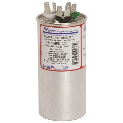 AMRAD ENGINEERING ROUND USA-MADE MOTOR RUN CAPACITOR, 35/5 MFD, 370/440 VAC
