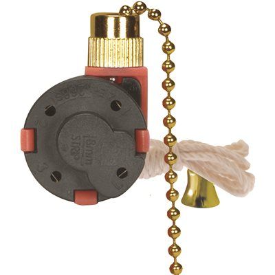 SATCO® CEILING FAN PULL CHAIN SWITCH WITH METAL CHAIN AND WHITE CORD, 3 SPEED, BRASS