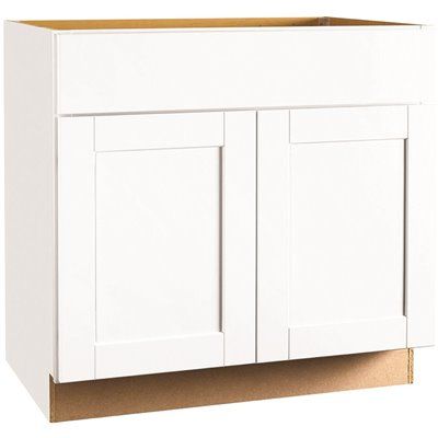 Hampton Bay Shaker Satin White Stock Assembled Sink Base Kitchen Cabinet (36 in. x 34.5 in. x 24