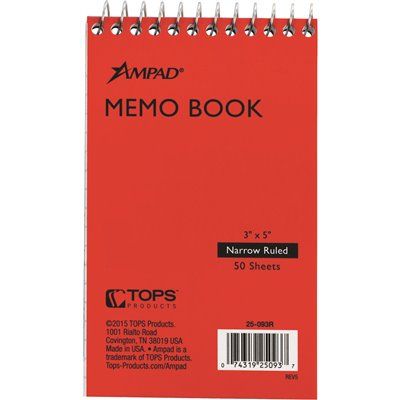 FD.Ampad 3 in. x 5 in. Wirebound Pocket Memo Book Narrow Rule, White (50 Sheets per Pad)