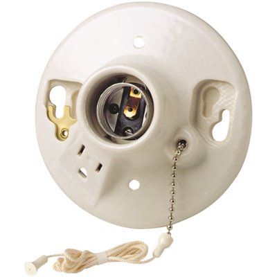 Leviton Glazed Porcelain Lamp Holder with Pull Chain and Outlet