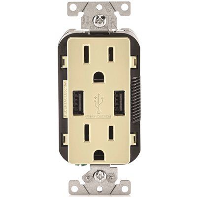 LEVITON® DECORA® COMBINATION USB CHARGER / TAMPER-RESISTANT DUPLEX RECEPTACLE, IVORY, NEMA 5-15R