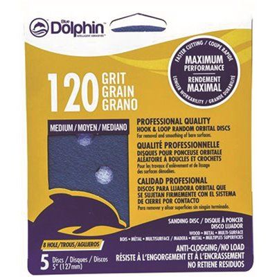 BLUE DOLPHIN™ ANTI-CLOGGING/NO LOAD SERIES, 5 IN., 8-HOLE, HOOK &amp; LOOP DISCS, 120 GRIT, 5 PACK