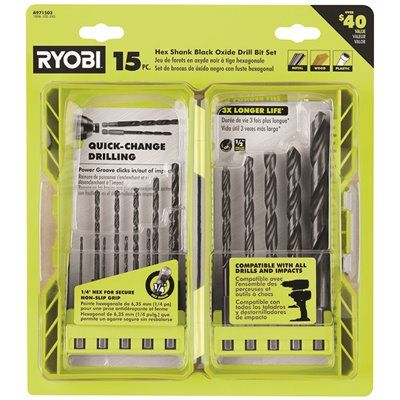FD.RYOBI Black Oxide Hex Shank Twist Drill Bit Set (15-Piece)