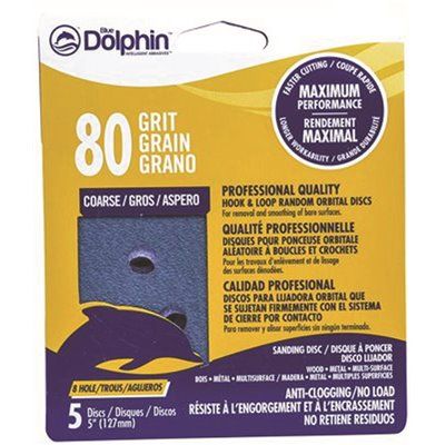 BLUE DOLPHIN™ ANTI-CLOGGING/NO LOAD SERIES, 5 IN., 8-HOLE, HOOK &amp; LOOP DISCS, 80 GRIT, 5 PACK
