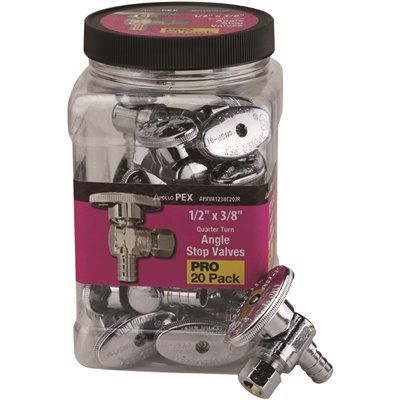 Apollo 1/2 in. PEX Barb x 3/8 in. Compression Brass Quarter-Turn Angle Stop Valve Jar, Chrome-Pl