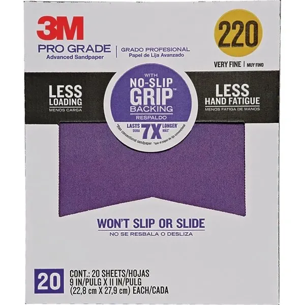 3m 27220tri-20 9&quot; X 11&quot; 220 Grit Pro Grade No Slip Grip Sandpaper, Package Of 20