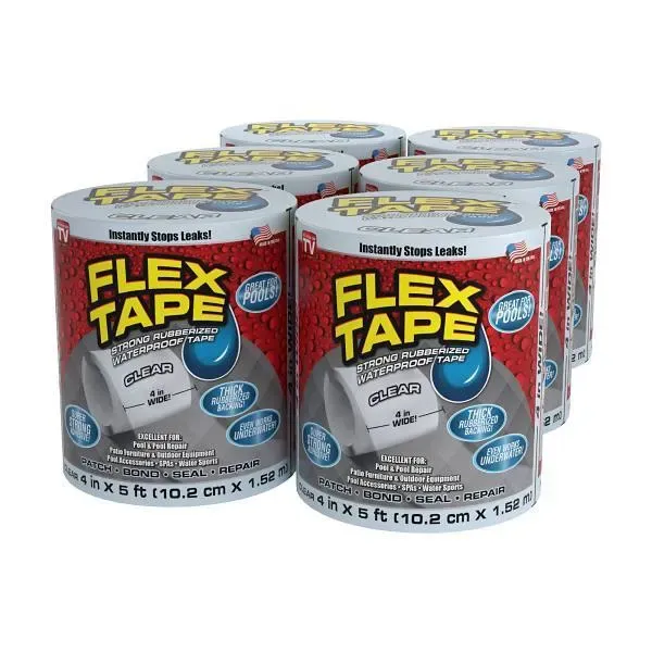 Flex Seal Strong Rubberized Waterproof Pool Tape, Clear, 4&quot; X 25&#39;, Case Of 6