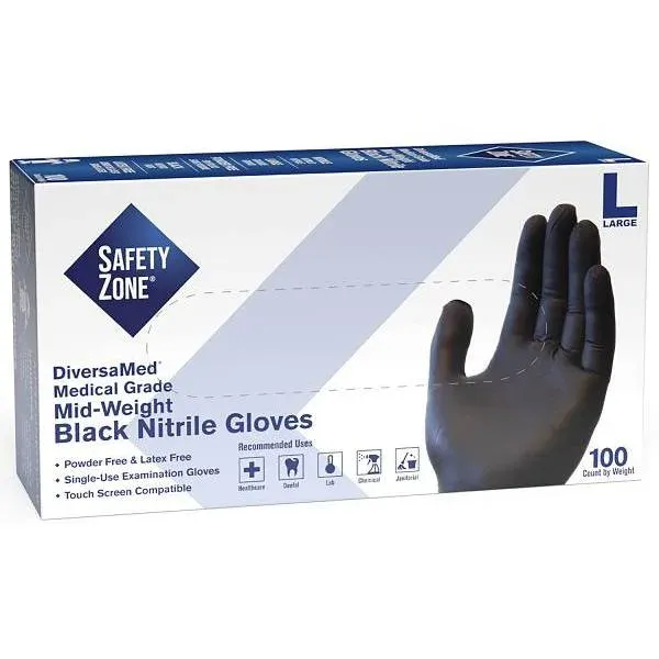 THE SAFETY ZONE Fentanyl Tested Medical Grade Powder Free Nitrile Disposable Gloves, Black, Large