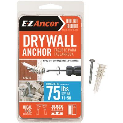 E-Z Ancor Twist-N-Lock 75 Lbs. Medium Duty Drywall Anchors , Package Of 50