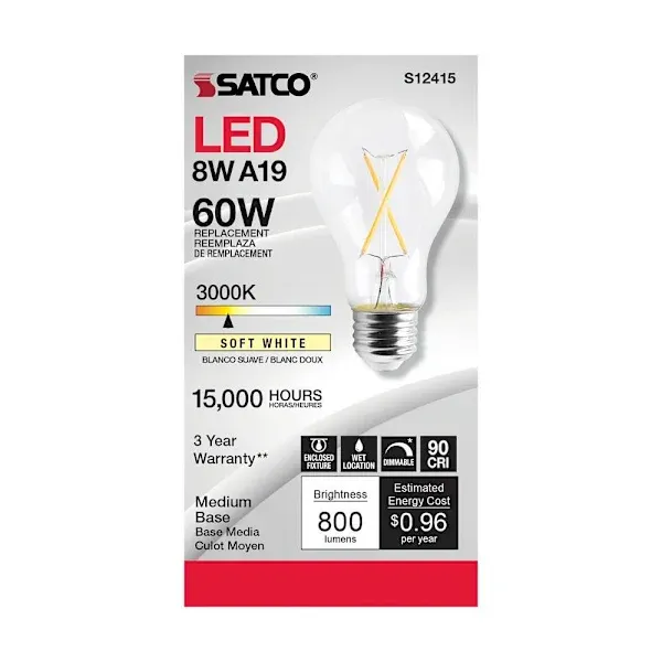 FD SATCO 8 Watt A19 LED Filament Clear Medium Base 3000k 90 CRI 120 Volt 6/Pck