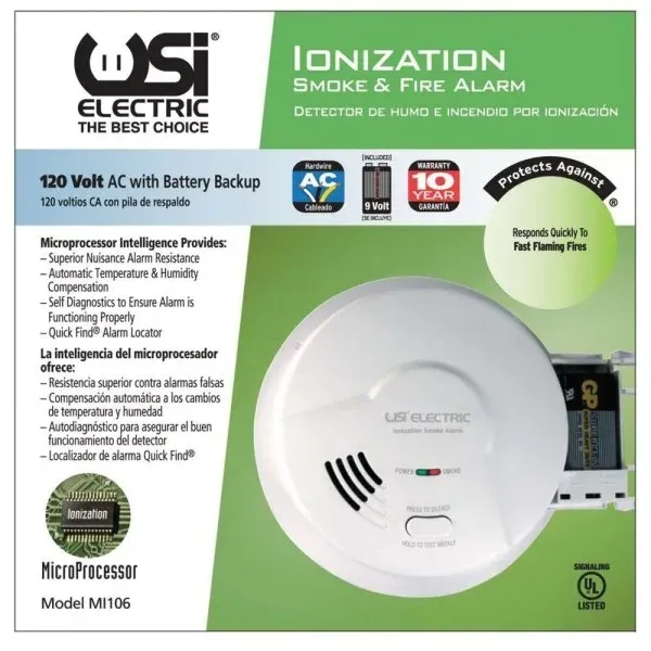 USI ELECTRIC DIRECT WIRE IONIZATION SMOKE AND FIRE ALARM WITH 9-VOLT BATTERY BACKUP, 120 VOLTS