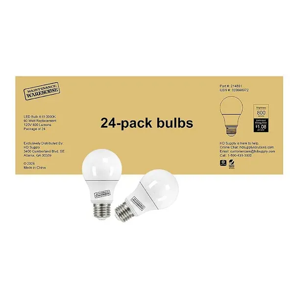 Maintenance Warehouse 60w Eq A19, Medium Base, Non Dimmable, 3000k, Bright White, Package Of 24