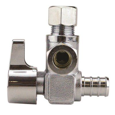 Apollo 1/2" Chrome Brass Pex-B Barb X 3/8" Dual Outlet 1/4-Turn Angle Stop Valve