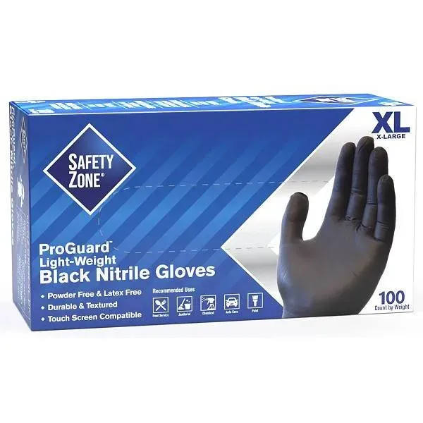 THE SAFETY ZONE Powder Free Nitrile Disposable Gloves, Black, Extra Large