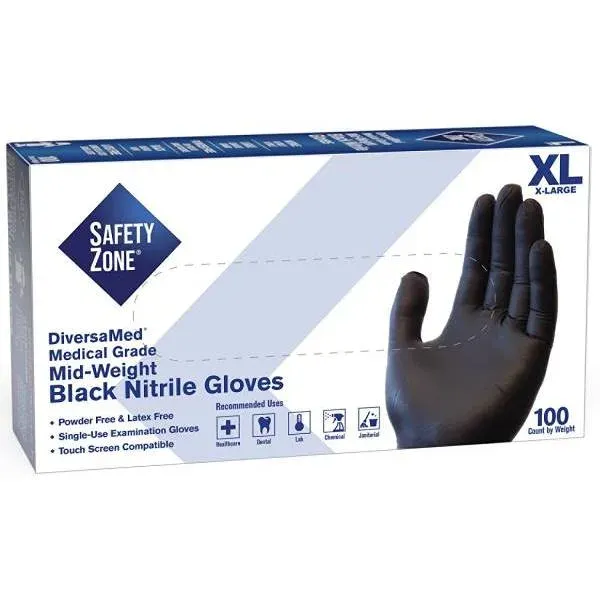 THE SAFETY ZONE Fentanyl Tested Medical Grade Powder Free Nitrile Disposable Gloves, Black, Extr