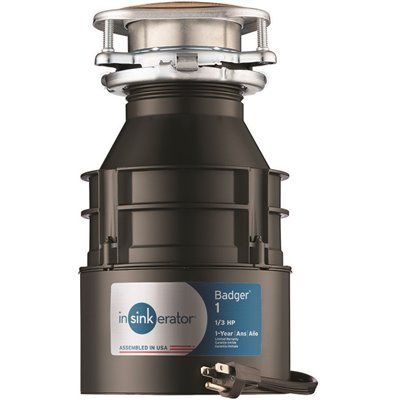 InSinkErator Badger 1 Series 1/3 HP Garbage Disposer, Dura-Drive Induction Motor W/ Power Cord