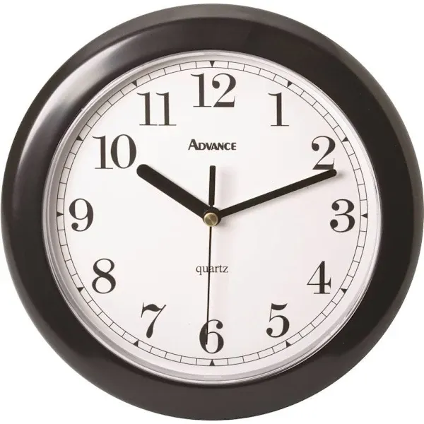 Geneva Clock Company Round Plastic Wall Clock 8 Inch, Black, White Face, Black Dial