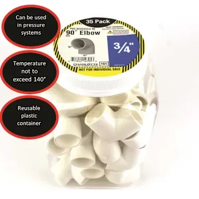 Charlotte Pipe Elbow Fitting, 3/4" Pvc, 90 Deg, Socket X Socket, Package Of 35