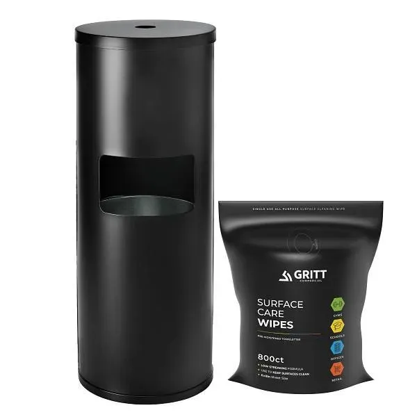 Gritt Commercial Wipe Starter Kit, Black Stainless Steel Gym Wipe Dispenser &amp; 800-Count Refill Roll