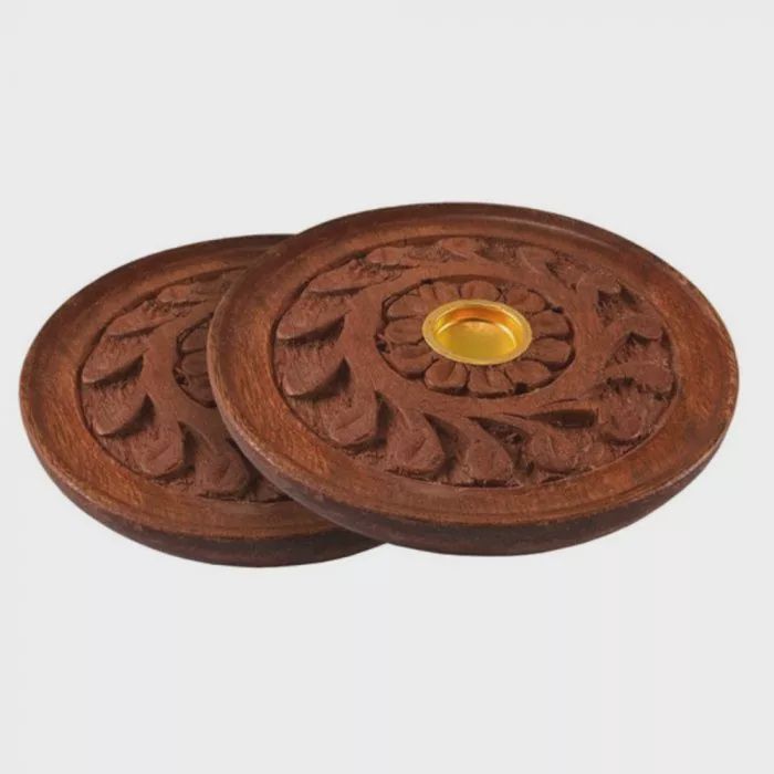 Carved Flower Round Wooden Incense Burner