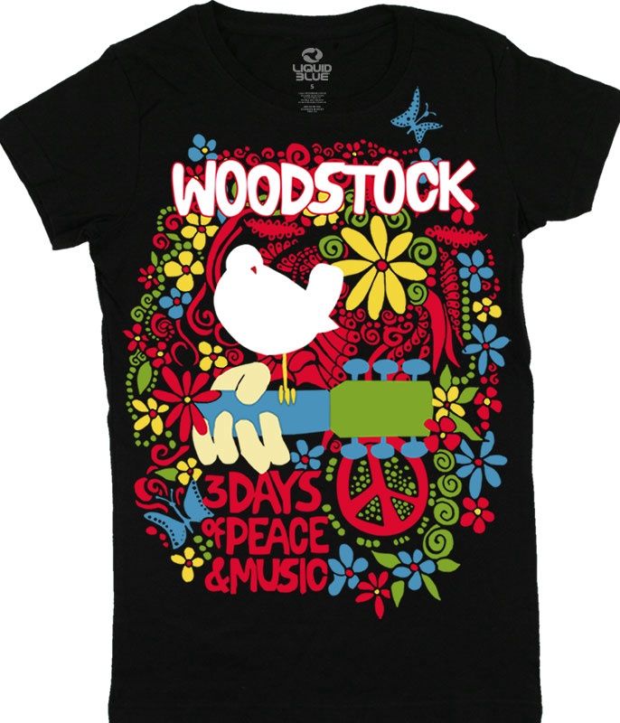 Woodsock Aquarian Exposition Juniors Long Length Black T-Shirt, Size: Large