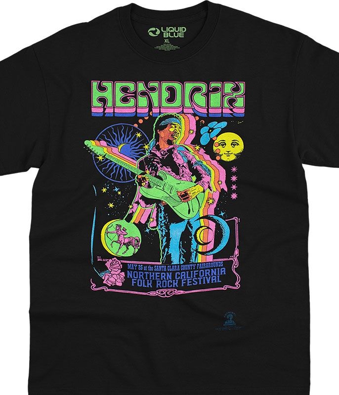 Jimi Hendrix Guitar Blacklight Black T-Shirt, Size: 2X-Large