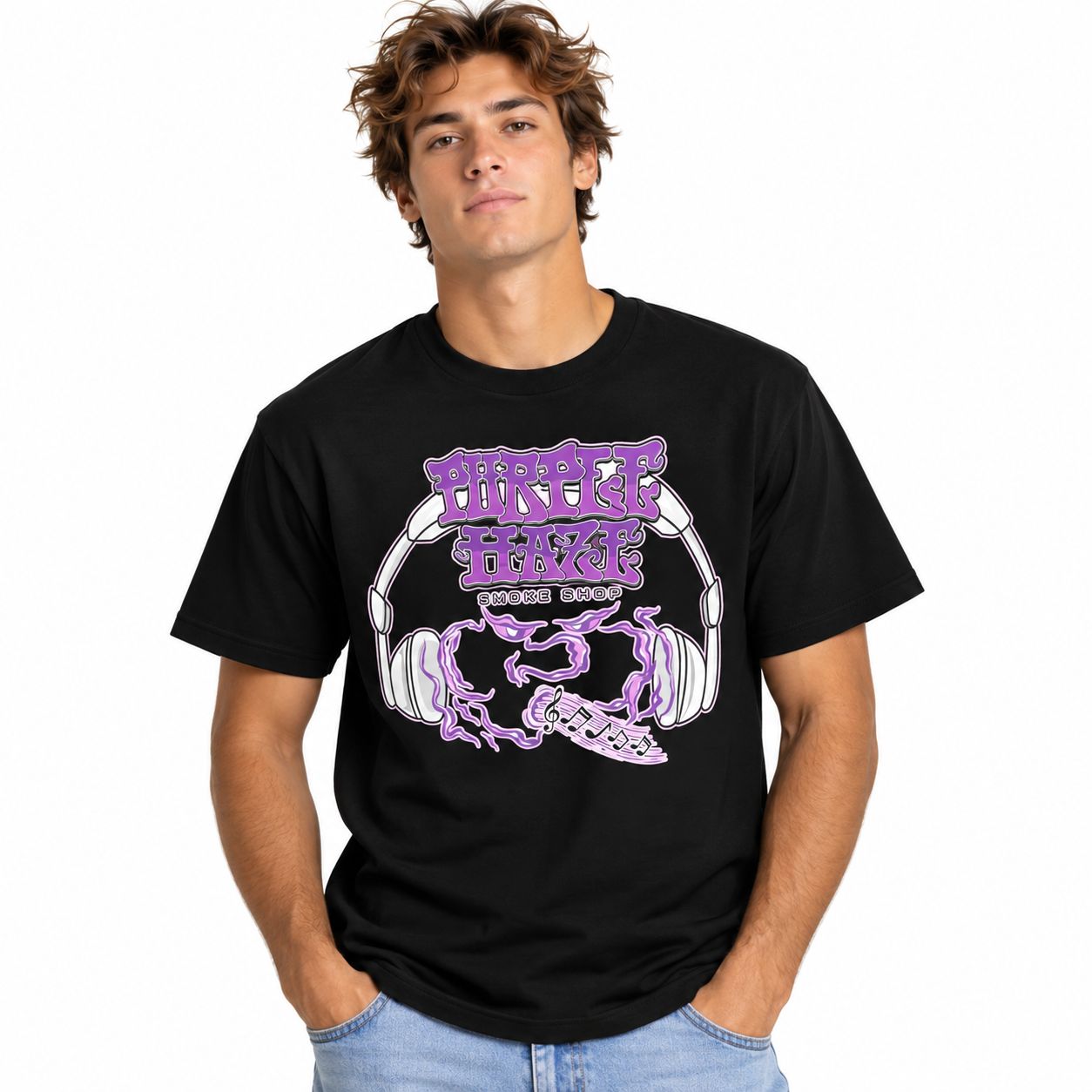 Purple Haze Headphones T-Shirt, Color: Black, Size: 2X-Large