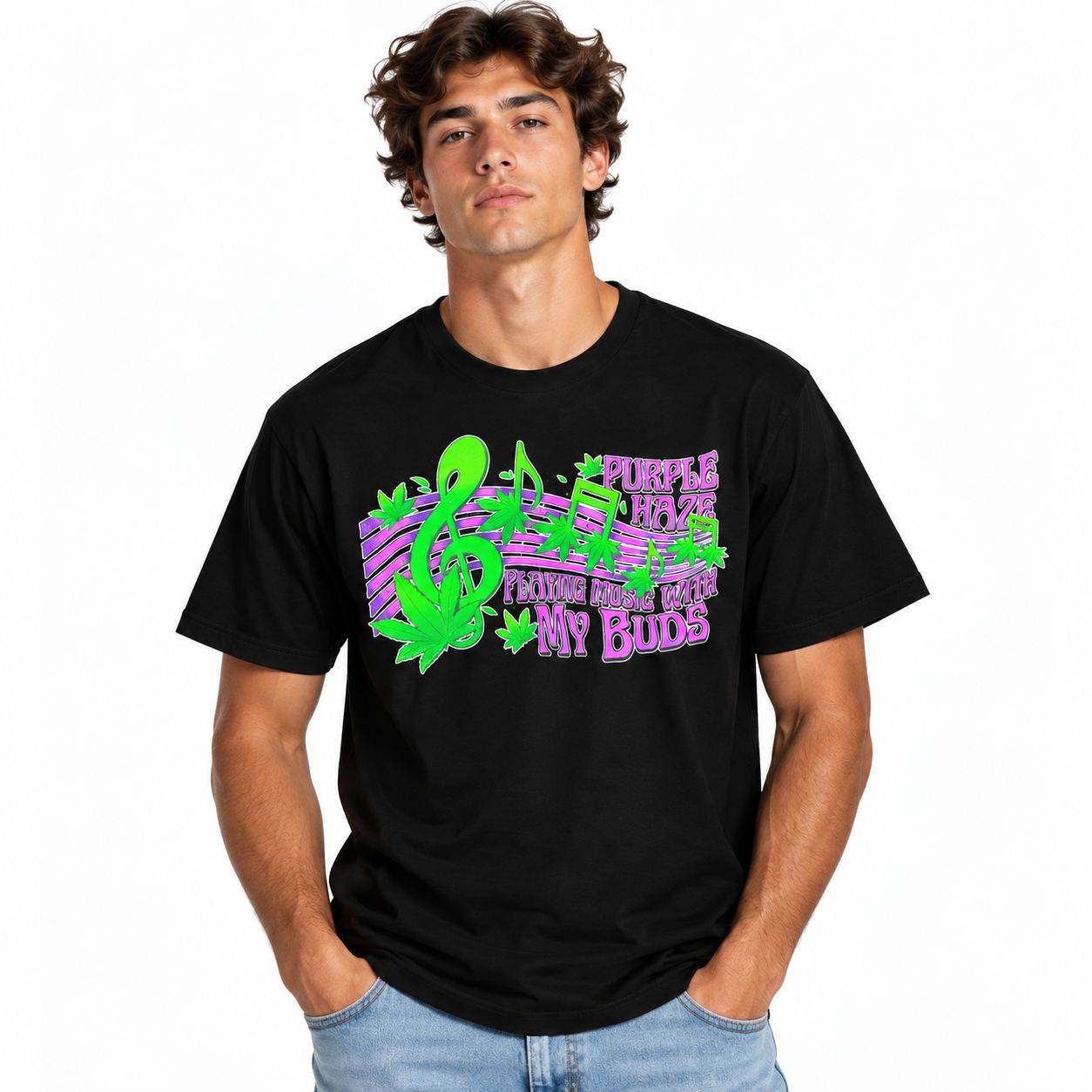 Purple Haze Playing With Buds T-Shirt, Color: Black, Size: 2X-Large