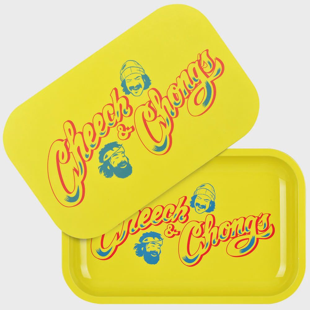 Pulsar Metal Rolling Tray w/ Lid - Cheech and Chong Yellow Logo, Size: Medium (11" x 7")