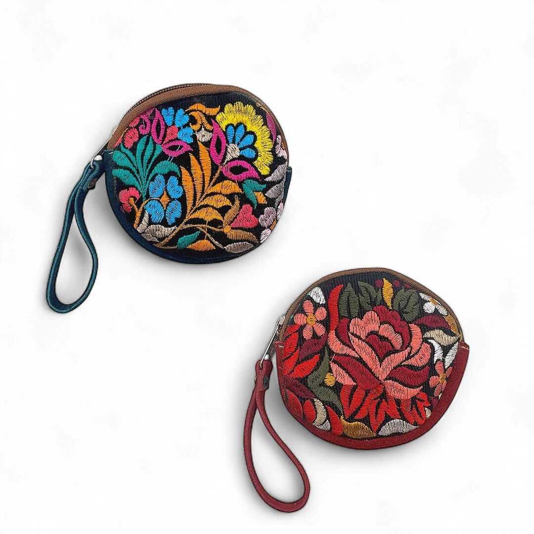 Vegan Leather Embroidered Flower Zipper Coin Purse