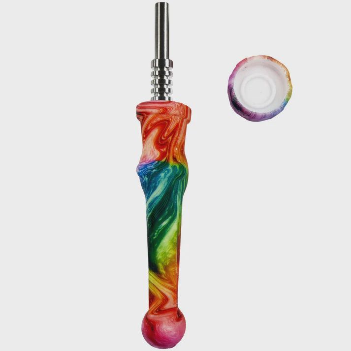 7.5" Silicone Nectar Collector Straw w/ 14mm Nail &amp; Dab Dish, Design: Print #21