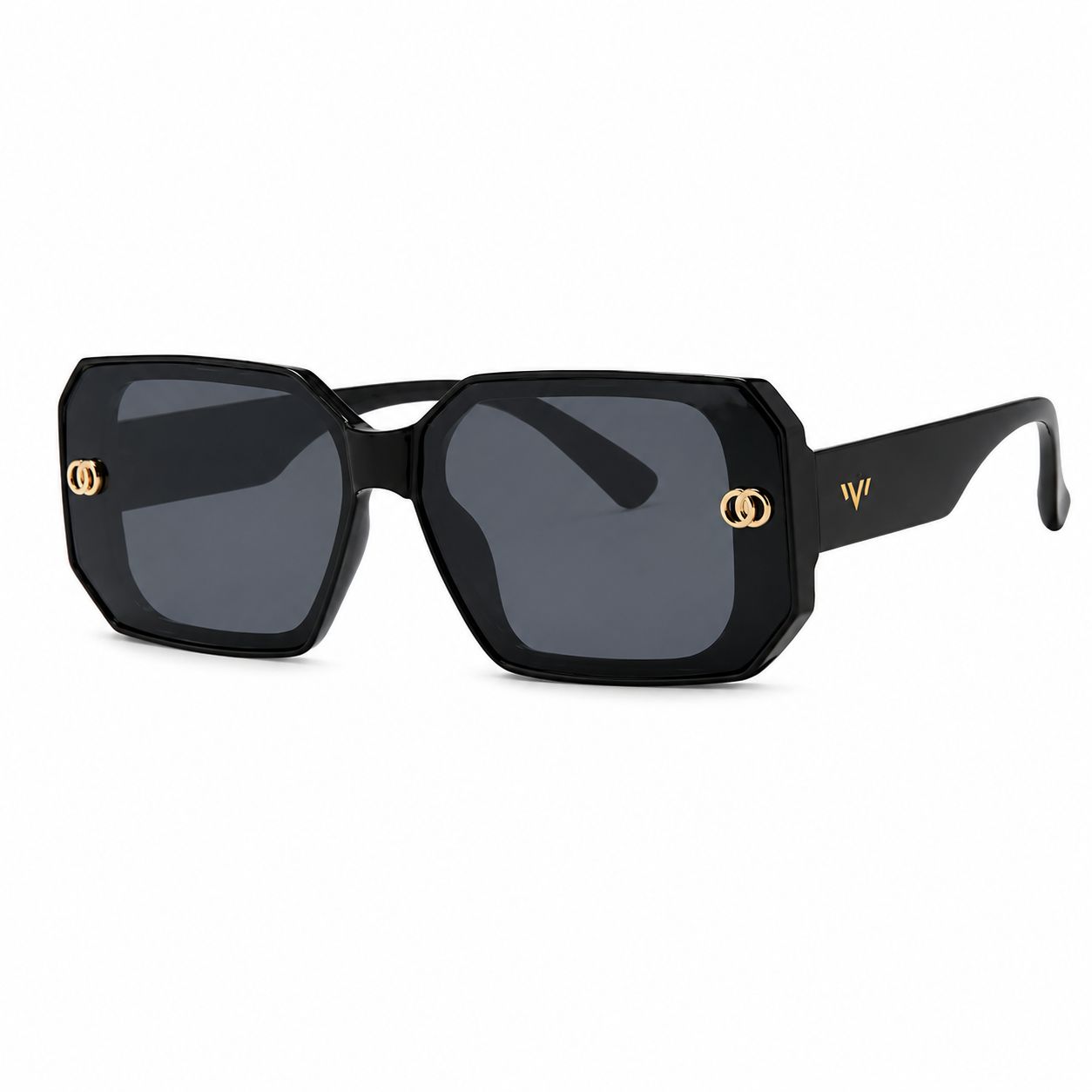 Geometric Frame w/ Metal Detail Fashion Sunglasses SH6920, Color: Black
