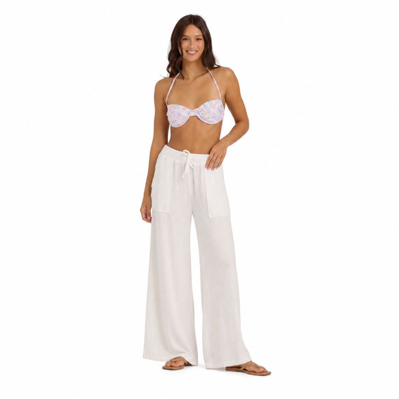 White Novelty Rib Knit Wide Leg Pants By Ocean Drive