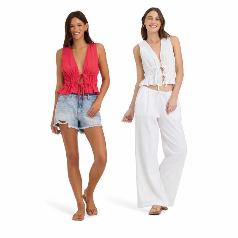 Textured Cotton Tie Front Tank By Ocean Drive