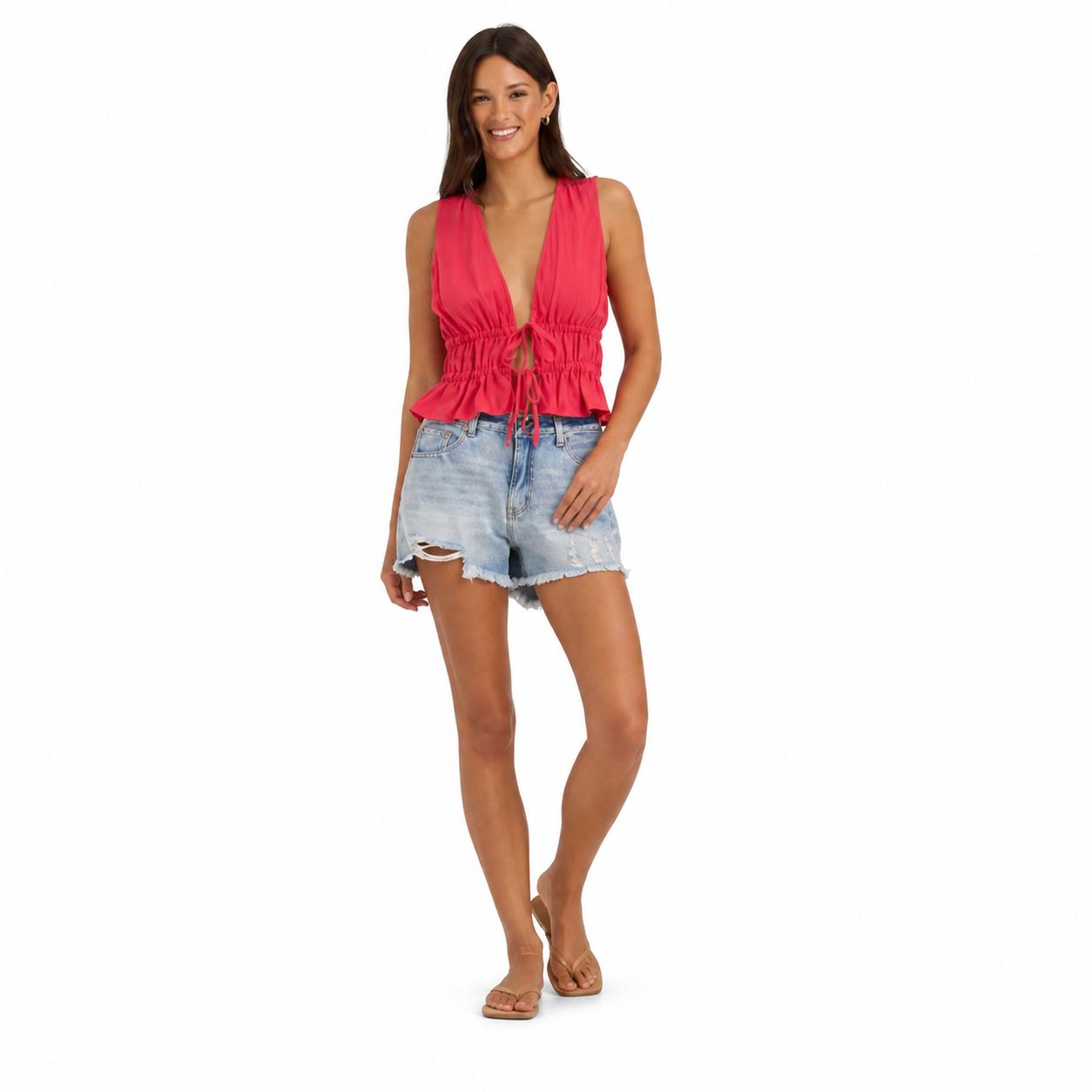 Textured Cotton Tie Front Tank By Ocean Drive, Color: Poppy Red, Size: Small