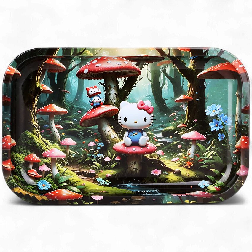 Trippy Kitty In Forest Metal Rolling Tray | 11"x7"
