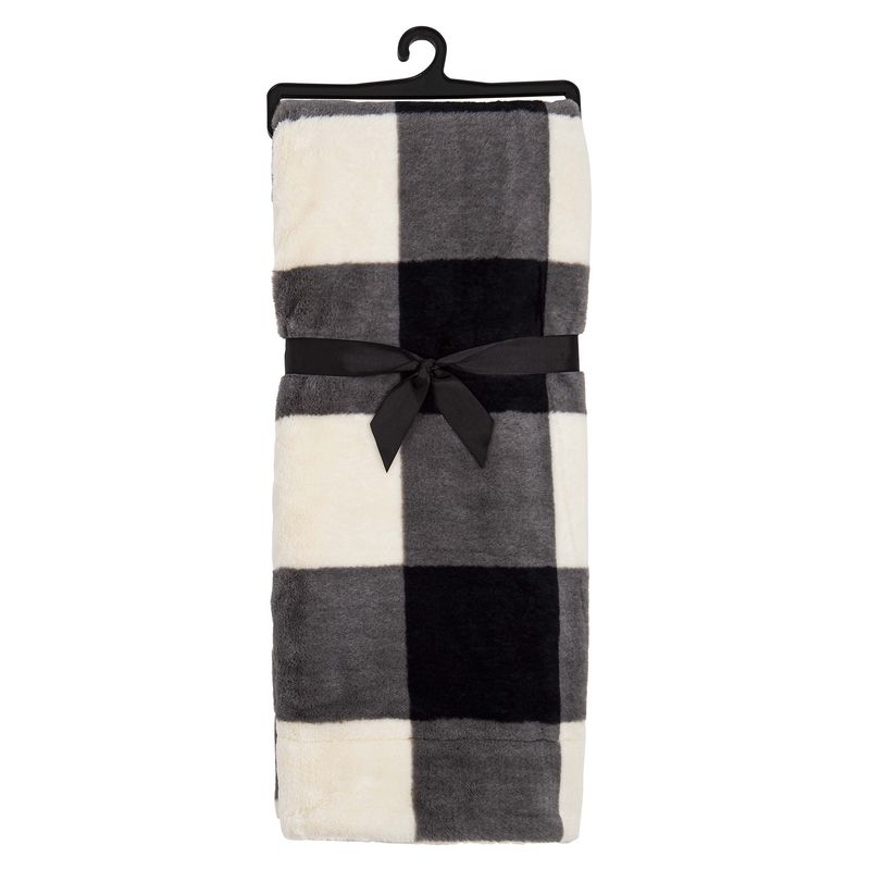 Jeté en fausse fourrure avec revers en sherpa - Carreaux Noir et Blanc
