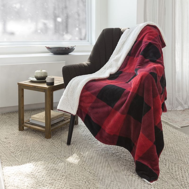 Jeté en Fausse Fourrure Ultra Doux avec Endos en Sherpa - Rouge Buffalo Carreaux